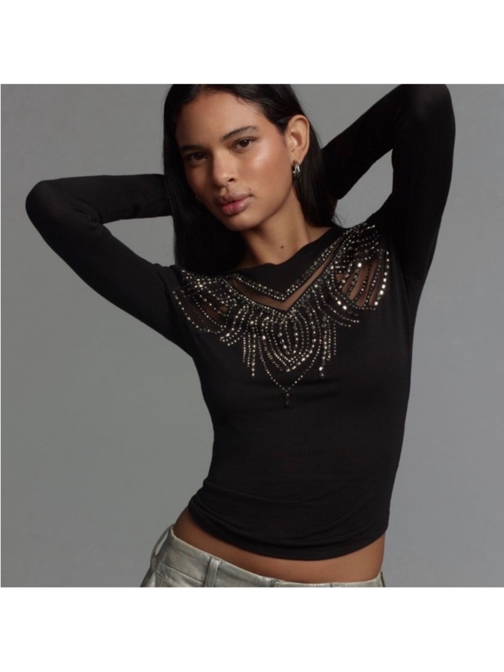 Anthropologie Black Long-Sleeve Top with Metallic Bead Embellishment